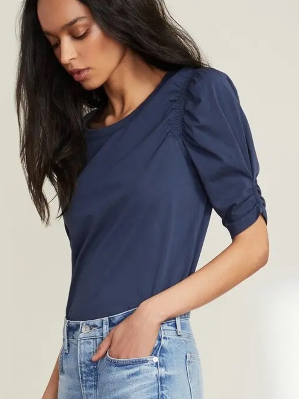 Veronica Beard Jessa Ruched Sleeve Navy Tee Size XL